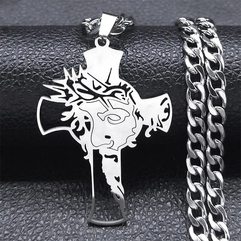 Crown of Thorns Jesus Mary Cross Necklace for Men Stainless Steel Gold Plated Crucifix Pendant Necklaces Jewelry