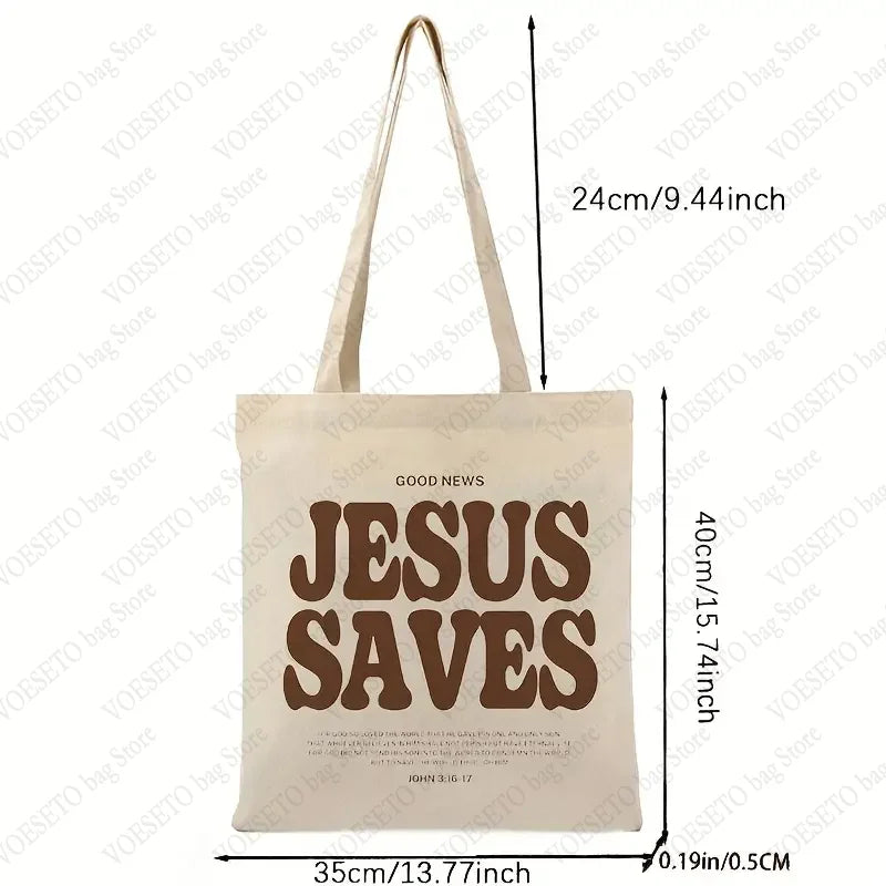Good News Jesus Saves Pattern Canvas Shoulder Tote Bags Casual Shopping Tote Christ Religion Christian Faith Shopper HandBag