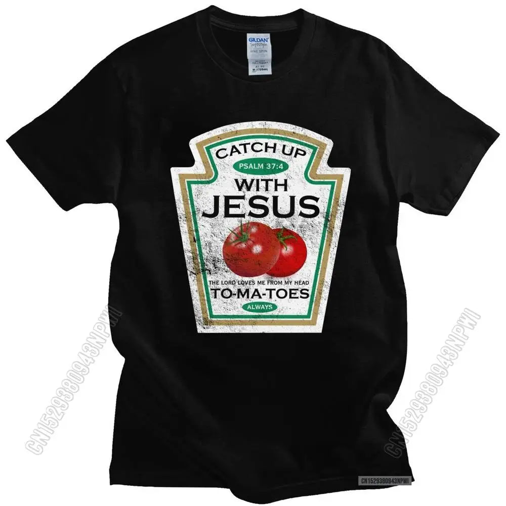 Funny Catch Up With Jesus T Shirt Men Vintage Vegan Tomato T-Shirt Christian Gift Veganism O-Neck Cotton Tee Merchandise