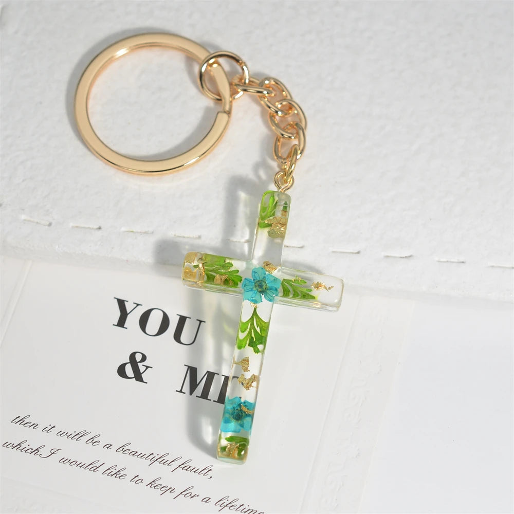 Colorful Sequin Filled Resin Cross Keychain Exquisite Butterfly Pendant Keyring for Women Handbag Accessories Christianity Gift