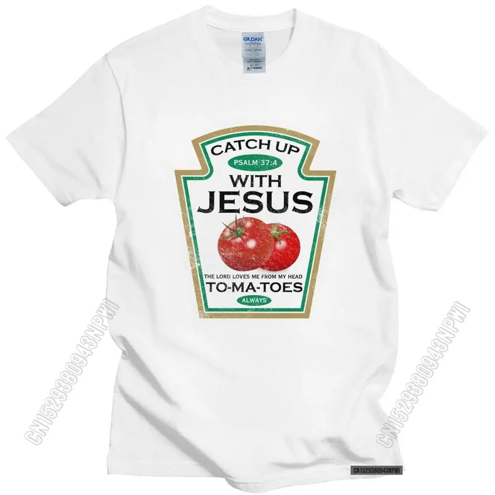 Funny Catch Up With Jesus T Shirt Men Vintage Vegan Tomato T-Shirt Christian Gift Veganism O-Neck Cotton Tee Merchandise