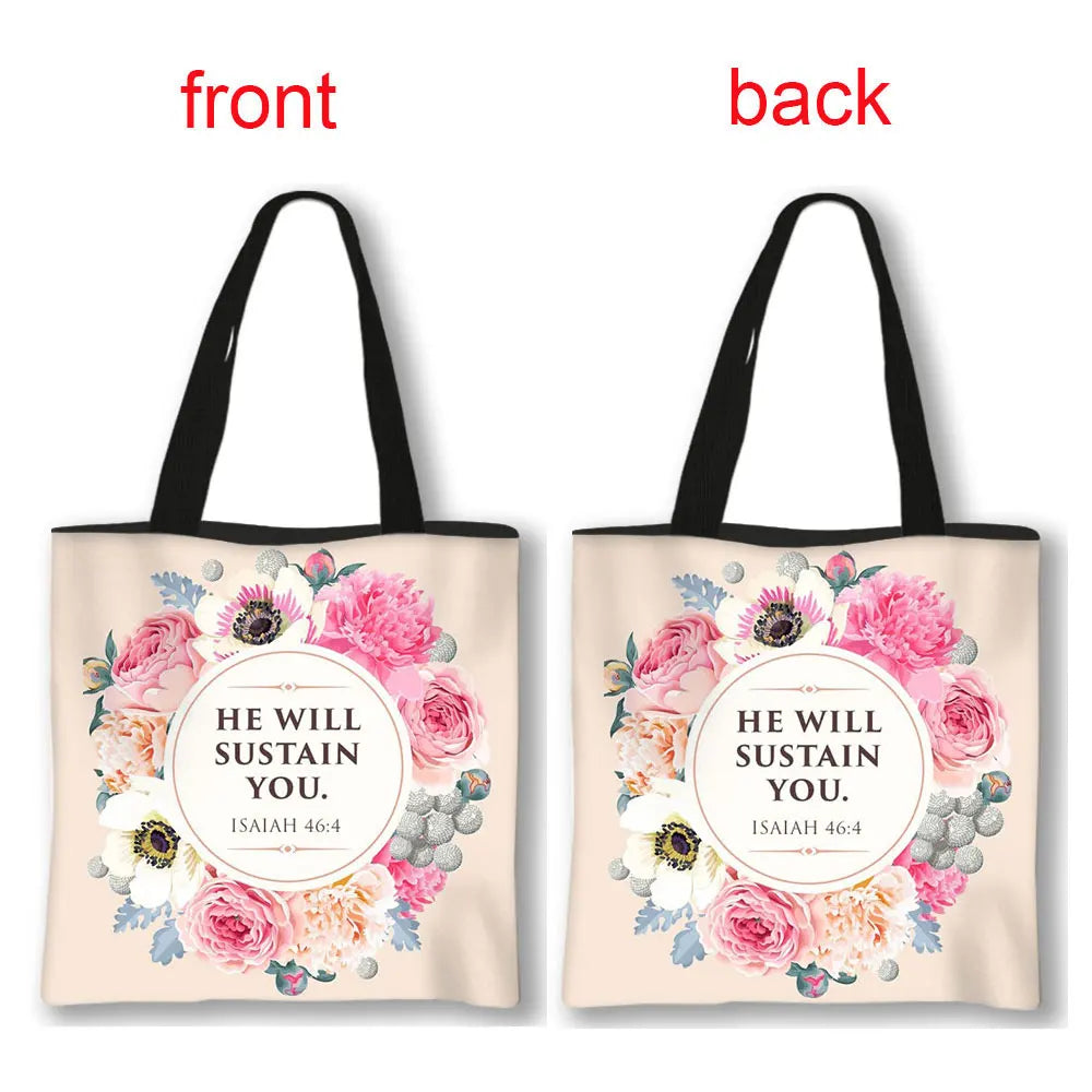 Christian Bible Verse Print Handbag God He Will Sustain You Lady Shopping Fashion Shoulder Bag Girl Travel Tote Bag Gift
