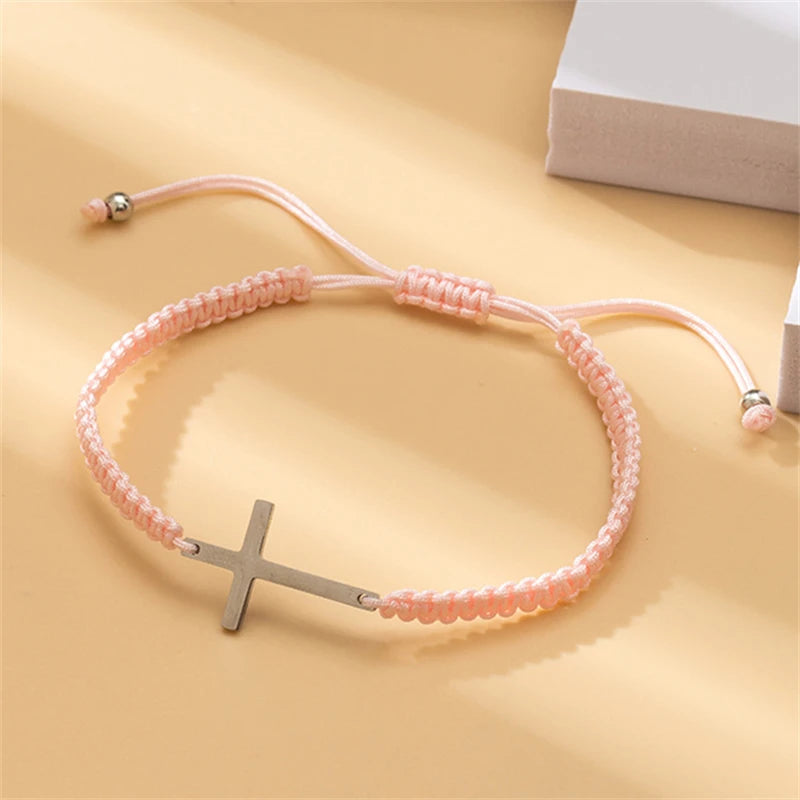 Simple Cross Black White Braided Rope Couple Bracelets Silver Color Adjustable Bracelet Christian Jewelry
