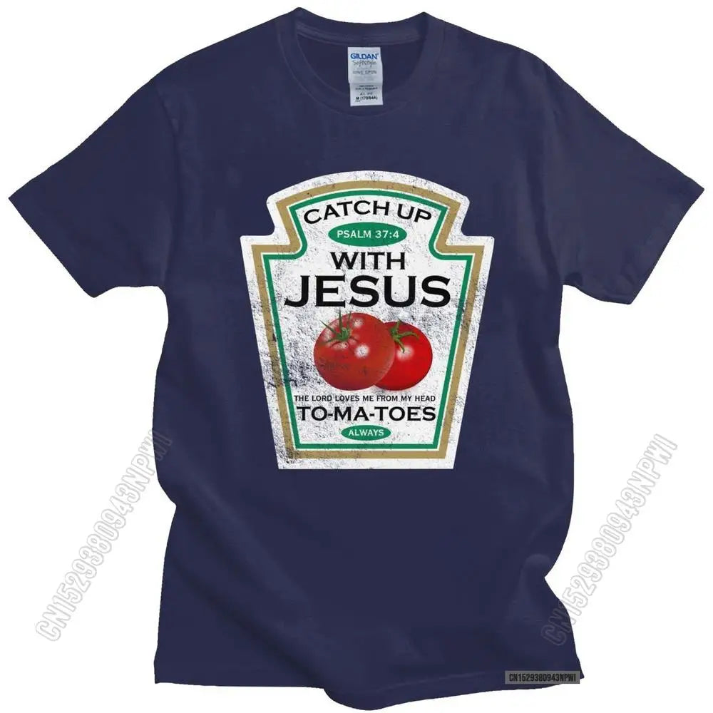 Funny Catch Up With Jesus T Shirt Men Vintage Vegan Tomato T-Shirt Christian Gift Veganism O-Neck Cotton Tee Merchandise