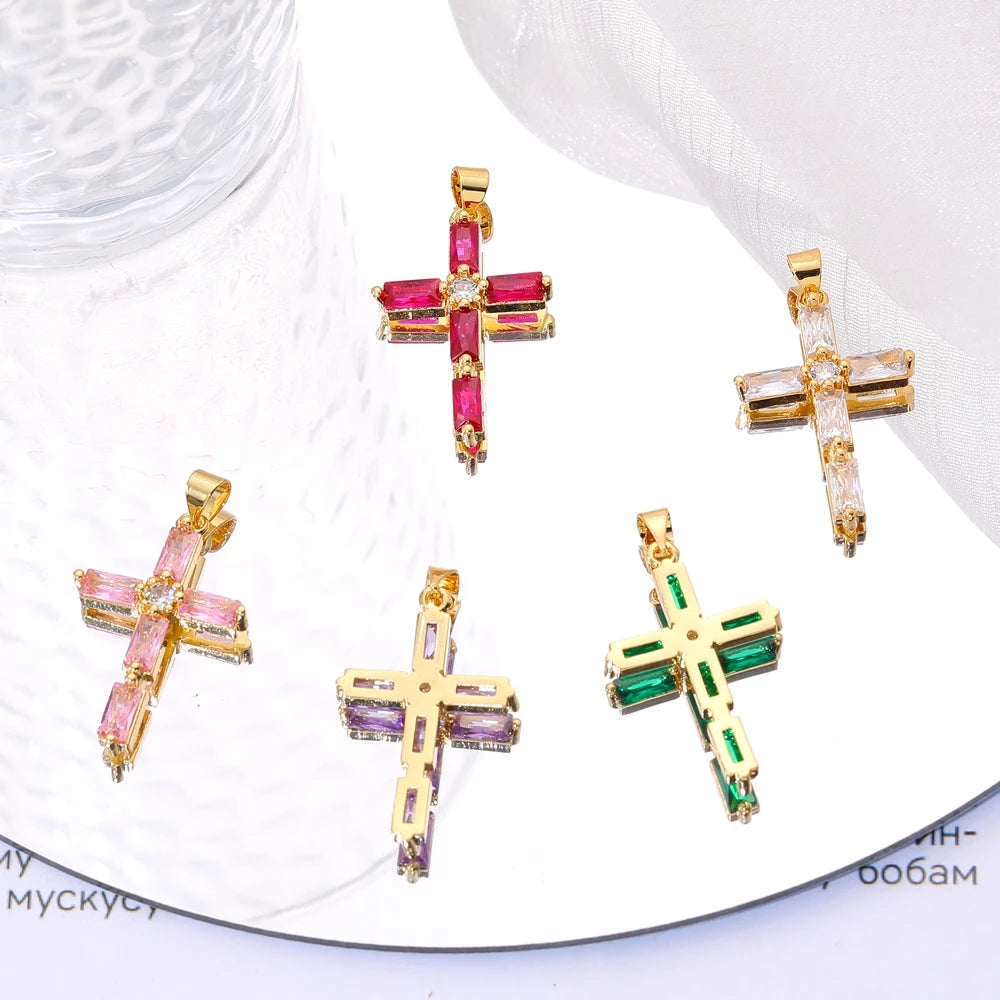 18K Real Gold Plated Enamel Cubic Zirconia Christian Cross Charms For DIY Religious Christmas Pendant Rosary Jewelry Making