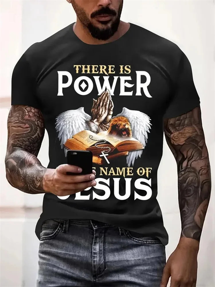 Cross Warrior With Lion Print Fashion Comfort Men's T-shirt Outdoor Street Trend Fashion Men's Top Jesus Print Men's Y2K Top