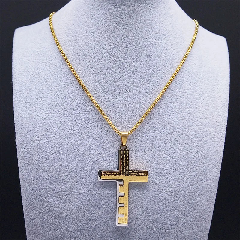 Cross Christian Church Prayer Necklace Men Stainless Steel Gold Color Bible Amulet Necklaces Jewelry