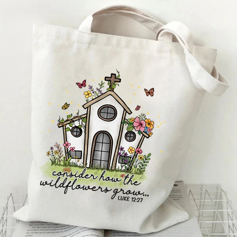 Christians Gift Canvas Shoulder Bag Wildflower Letter Print Purses and Handbags Funny Religious Christian Faith Shopping Bags
