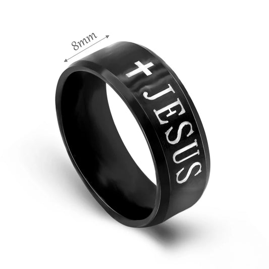 2025 NEW Black Titanium Steel Jesus Rings Cross Prayer Letter Bible Wedding Band Ring Men Jewelry