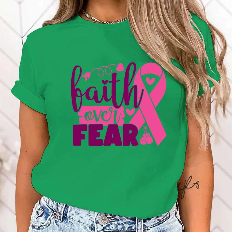 (High Quality Clothes)Hot Breast Cancer Awareness Faith Over Fear Graphic T Shirt Women'S Fashion T-Shirts Short Sleeve Shirts