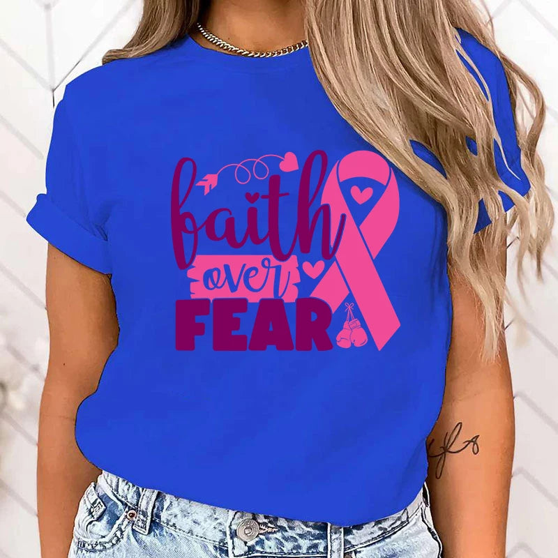 (High Quality Clothes)Hot Breast Cancer Awareness Faith Over Fear Graphic T Shirt Women'S Fashion T-Shirts Short Sleeve Shirts