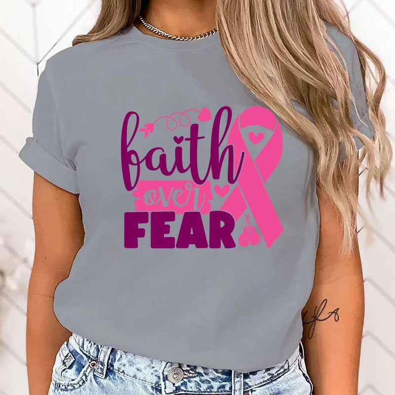 (High Quality Clothes)Hot Breast Cancer Awareness Faith Over Fear Graphic T Shirt Women'S Fashion T-Shirts Short Sleeve Shirts