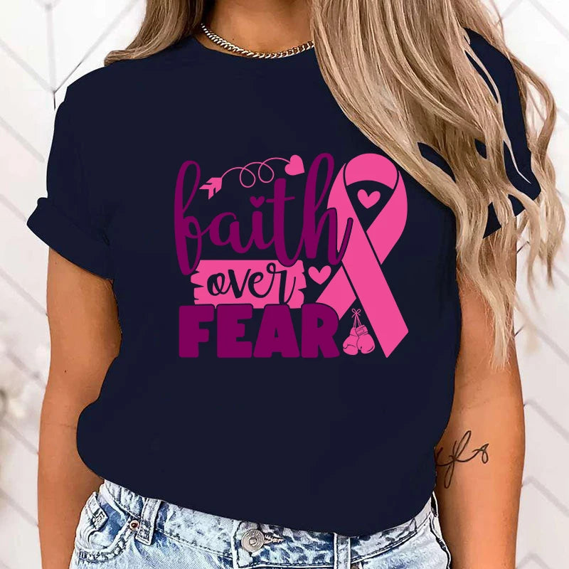 (High Quality Clothes)Hot Breast Cancer Awareness Faith Over Fear Graphic T Shirt Women'S Fashion T-Shirts Short Sleeve Shirts