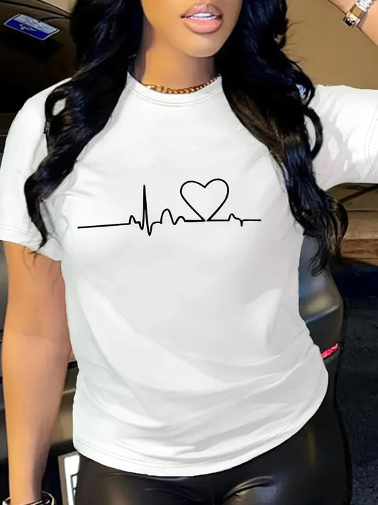 Heart Print Crew Neck T-Shirt, Casual Short Sleeve T-Shirt For Spring & Summer, Women's Clothing