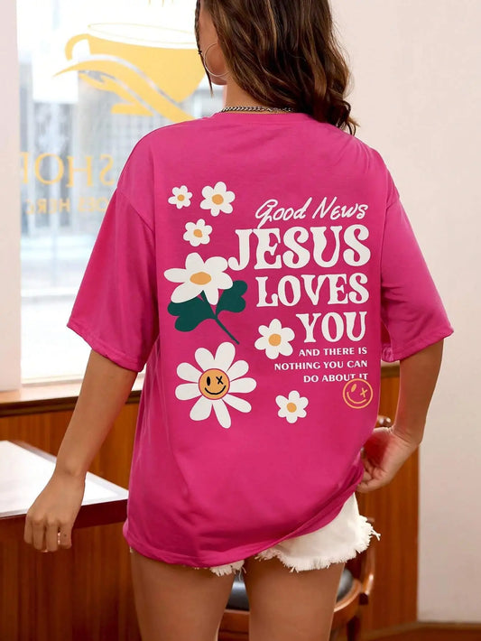 Good News Jesus Loves You Print Women T-Shirt Summer O-Neck T Shirts Basic All-Match Short Sleeve Breathable Comfortable Tops