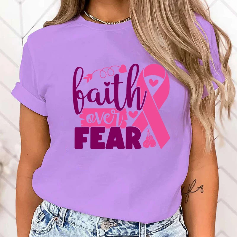 (High Quality Clothes)Hot Breast Cancer Awareness Faith Over Fear Graphic T Shirt Women'S Fashion T-Shirts Short Sleeve Shirts