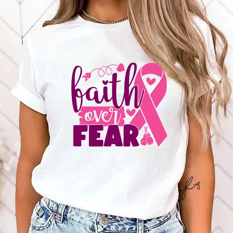 (High Quality Clothes)Hot Breast Cancer Awareness Faith Over Fear Graphic T Shirt Women'S Fashion T-Shirts Short Sleeve Shirts