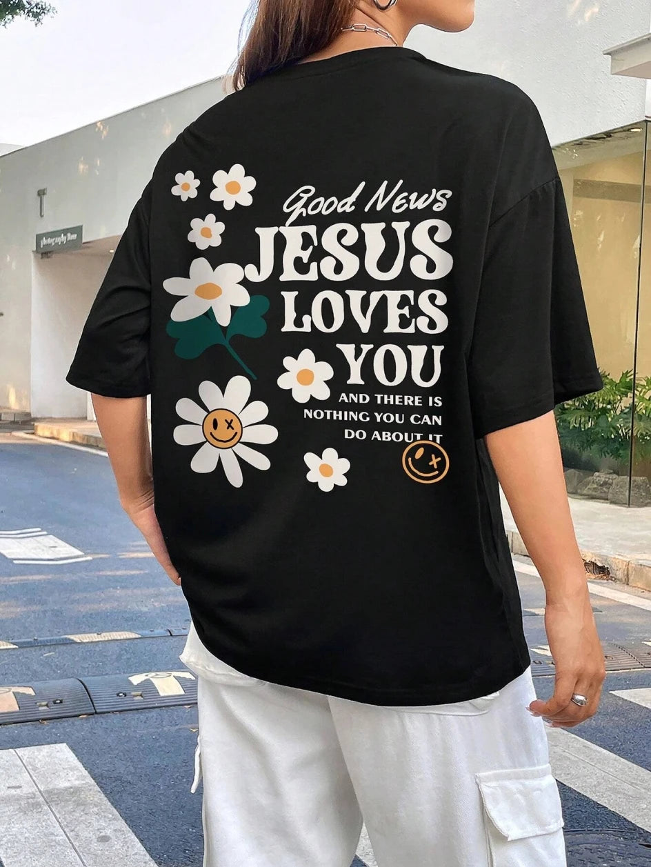 Good News Jesus Loves You Print Women T-Shirt Summer O-Neck T Shirts Basic All-Match Short Sleeve Breathable Comfortable Tops