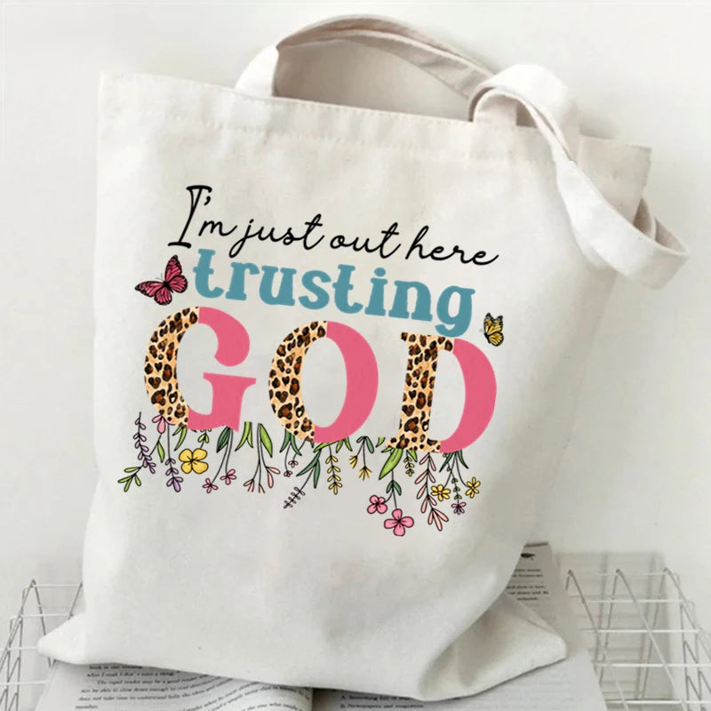 Christians Gift Canvas Shoulder Bag Wildflower Letter Print Purses and Handbags Funny Religious Christian Faith Shopping Bags