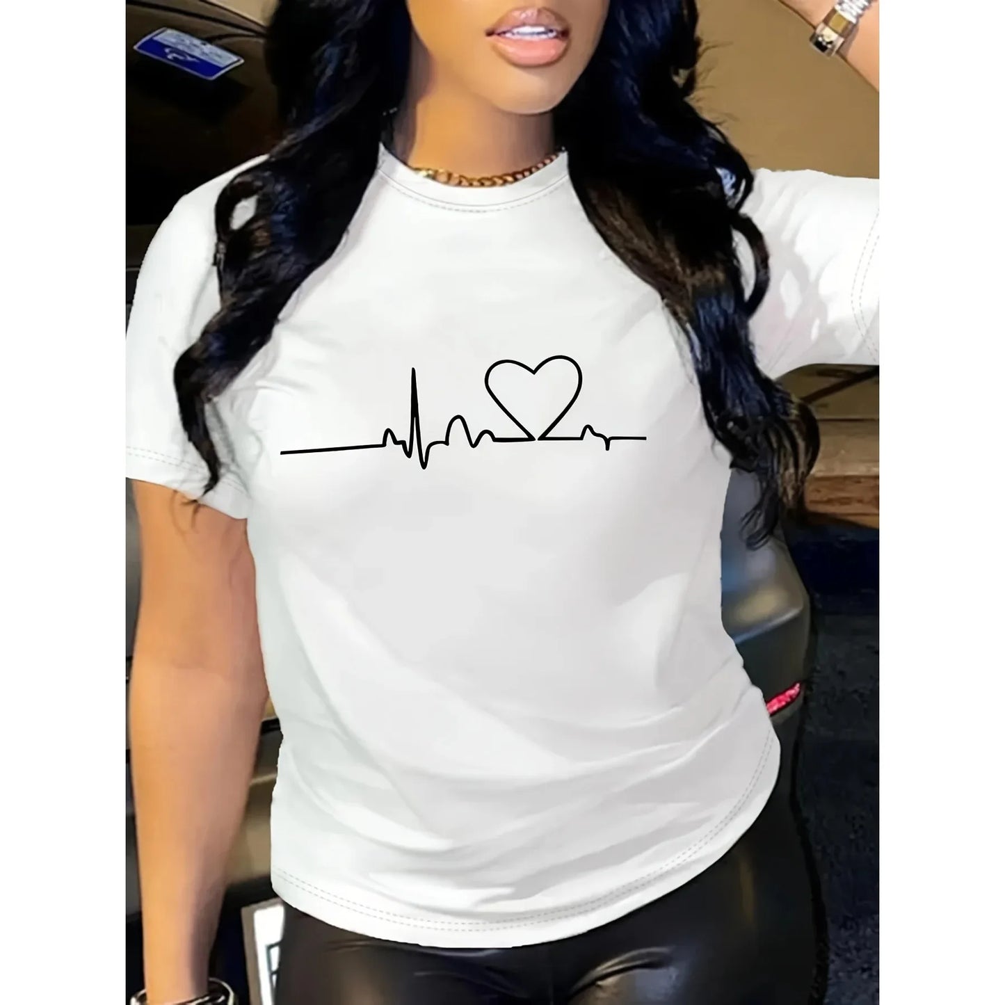 Heart Print Crew Neck T-Shirt, Casual Short Sleeve T-Shirt For Spring & Summer, Women's Clothing